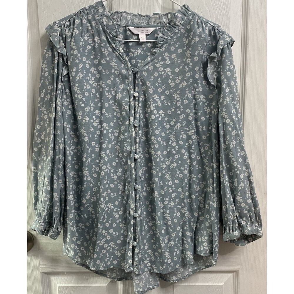 Lauren Conrad Womens Long Sleeve Blouse Floral Button-up Top Blue/White Tunic XL